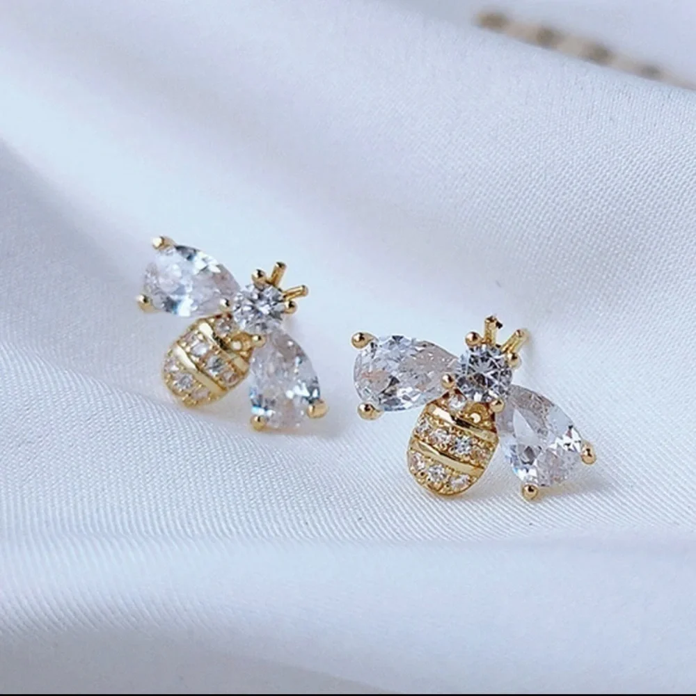Rhodium and Gold Plated Bee With Natural Embedded Zircon Stud Earrings